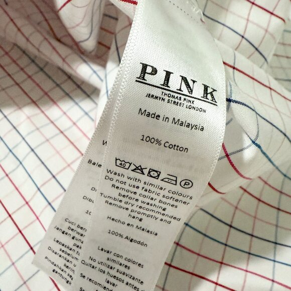 Men Thomas Pink Button Up Plaid Long Sleeve Shirt in Light Pink Size 17.5 - Picture 7 of 8